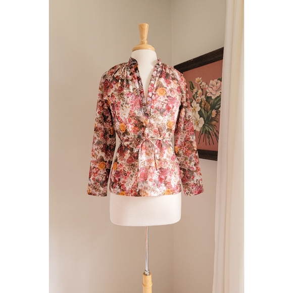 70s Floral Long Sleeve Tie Neck or Waist 1970s Feminine Bohemian Vintage Blouse - Picture 12 of 16